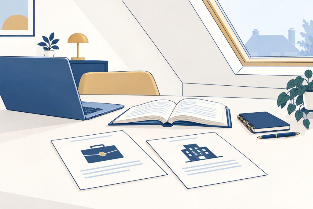 Illustratie van een laptop, studieboek en afzonderlijke documenten voor de opdracht en arbeidsovereenkomst.
