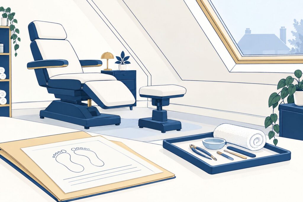 Illustratie van een pedicurestoel, verzorgingsmateriaal en een behandeldossier met een voetcontour.