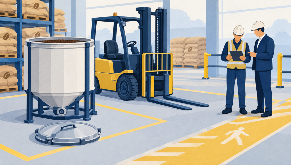 Symbolische illustratie van een heftruck en productiecontainer, terwijl medewerkers een veiligheidsinstructie bespreken.