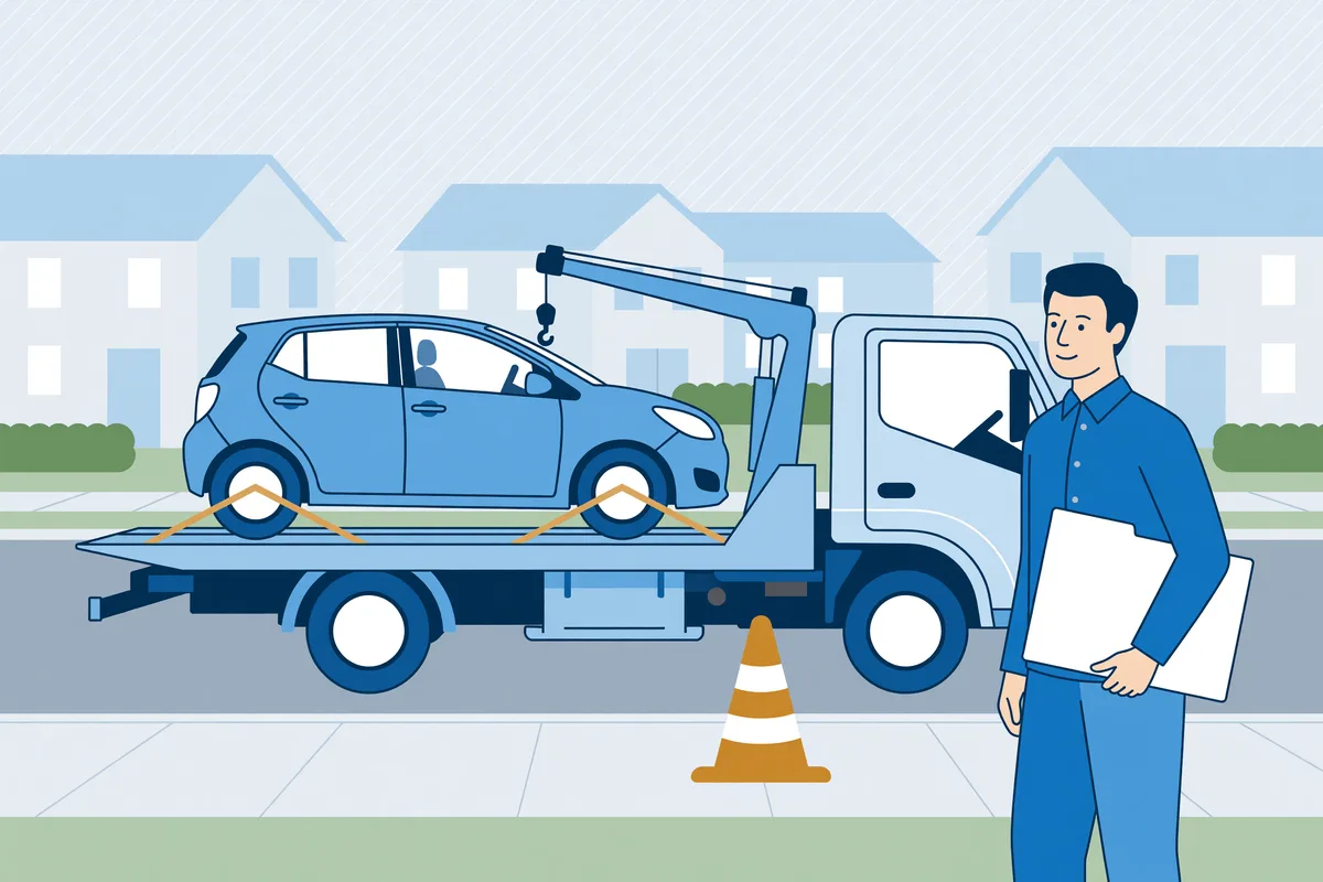 Leaseauto wordt opgehaald met een takelwagen, de bestuurder kijkt toe.