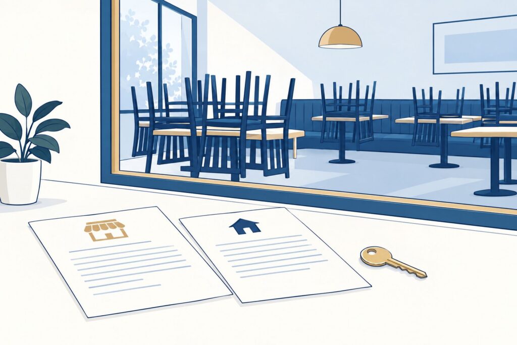 Illustratie van een gesloten restaurant met lege tafels, gestapelde stoelen, een sleutel en twee documenten.