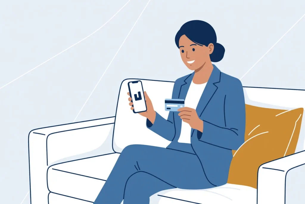 Vrouw op de bank bekijkt haar telefoon en betaalkaart.