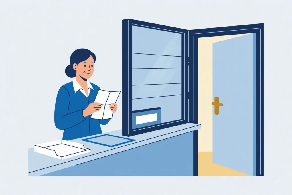 Vrouw bij een gesloten loket en een open deur na een weigering van schuldhulp.