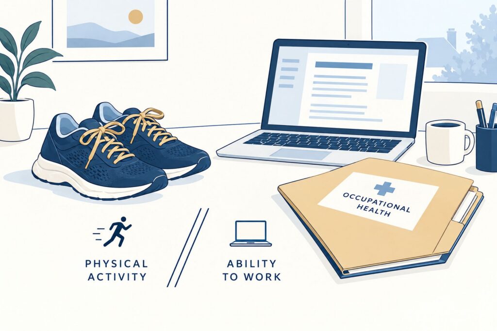 Illustratie van hardloopschoenen naast een werkcomputer en een dossier van de bedrijfsarts.