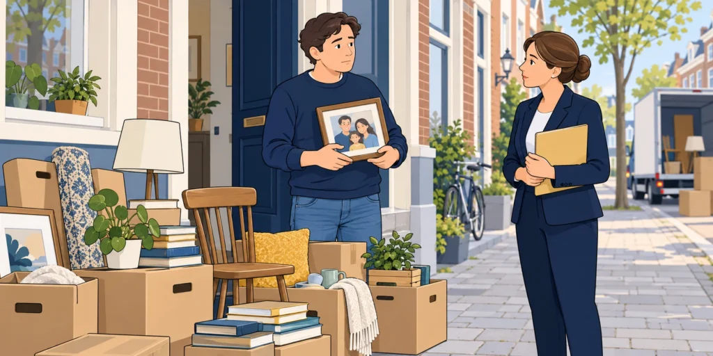 Huurder bespreekt zijn persoonlijke bezittingen na een woningontruiming.