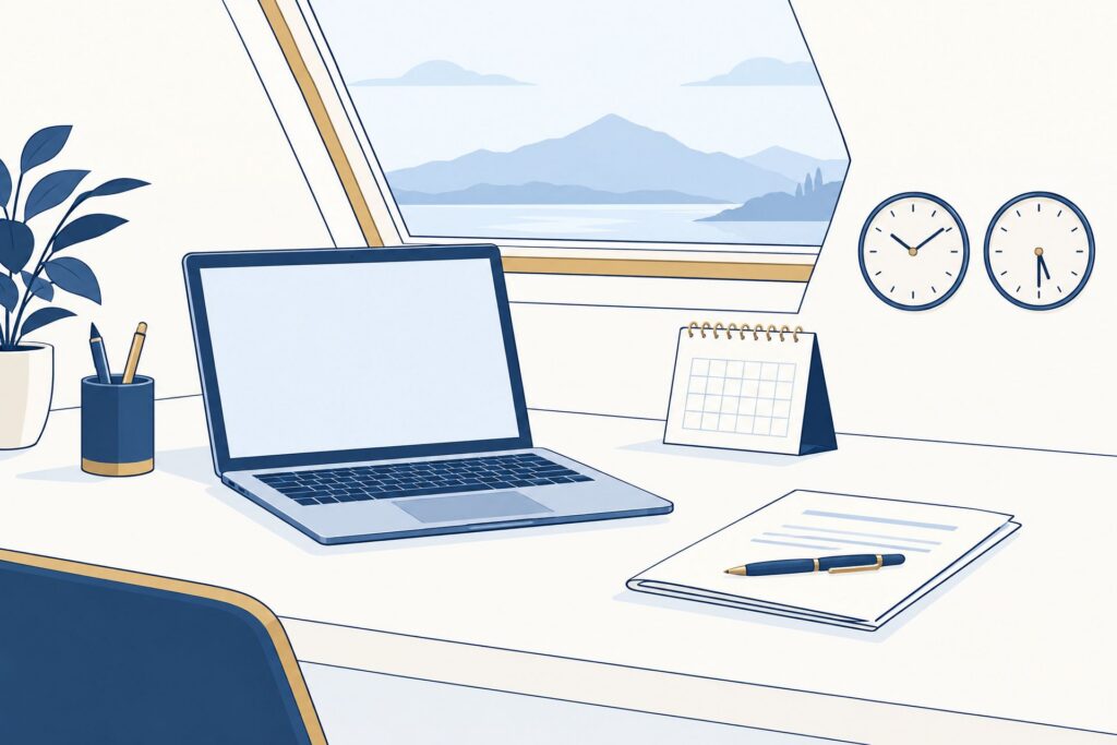 Illustratie van een laptop bij een raam, een kalender, arbeidsovereenkomst en twee klokken voor tijdsverschil.