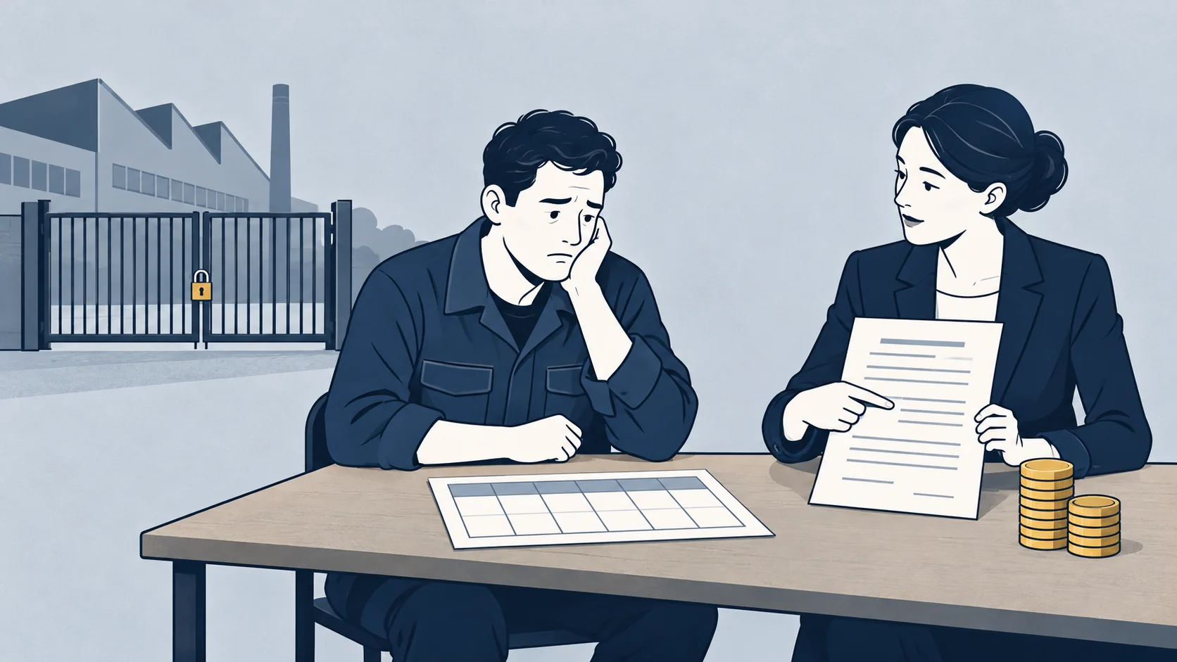 Illustratie van een uitzendkracht zonder werk en een juridisch adviseur die het contract en loon bespreken