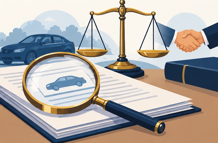 Illustratie van een autoschadedossier onder een vergrootglas naast een weegschaal en handdruk, over bewijs en een schikking.
