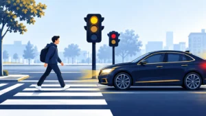 Symbolische illustratie van een voetganger op een zebrapad en een personenauto; geen reconstructie van het ongeval.