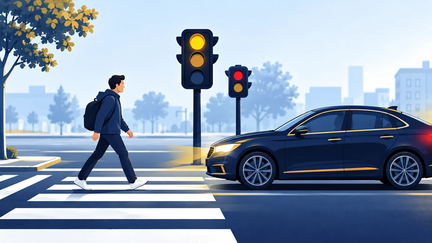 Symbolische illustratie van een voetganger op een zebrapad en een personenauto; geen reconstructie van het ongeval.