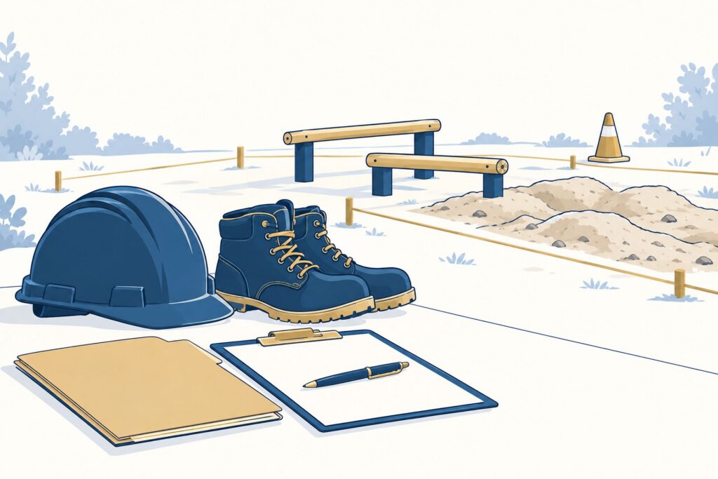 Illustratie van een oefenterrein met lage obstakels, een helm, werkschoenen en een trainingsdossier.