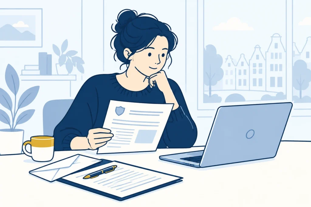 Consument bekijkt informatie over een online verzekering op een laptop.