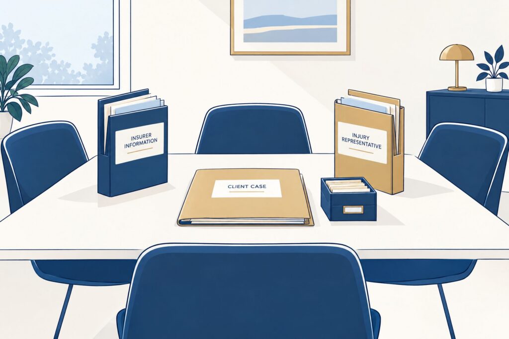 Illustratie van een overlegtafel met drie stoelen, een cliëntdossier en afzonderlijke registratiebestanden.