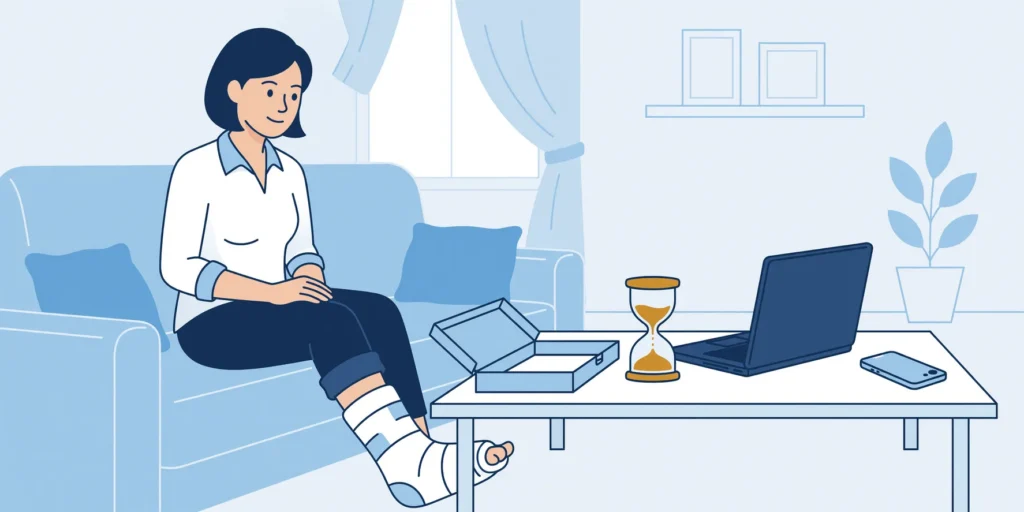 Vrouw met gipsbeen wacht op de bank naast een zandloper en laptop.