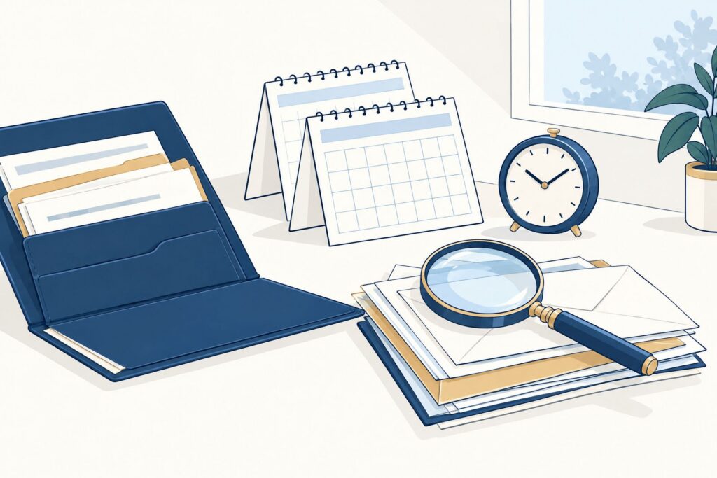 Illustratie van een verzekeringsdossier met kalenders, klok, correspondentie en vergrootglas.