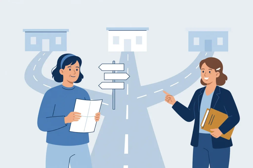 Illustratie: een vrouw met een brief van haar verzekeraar staat bij een wegwijzer met drie routes; een advocaat wijst haar de weg.