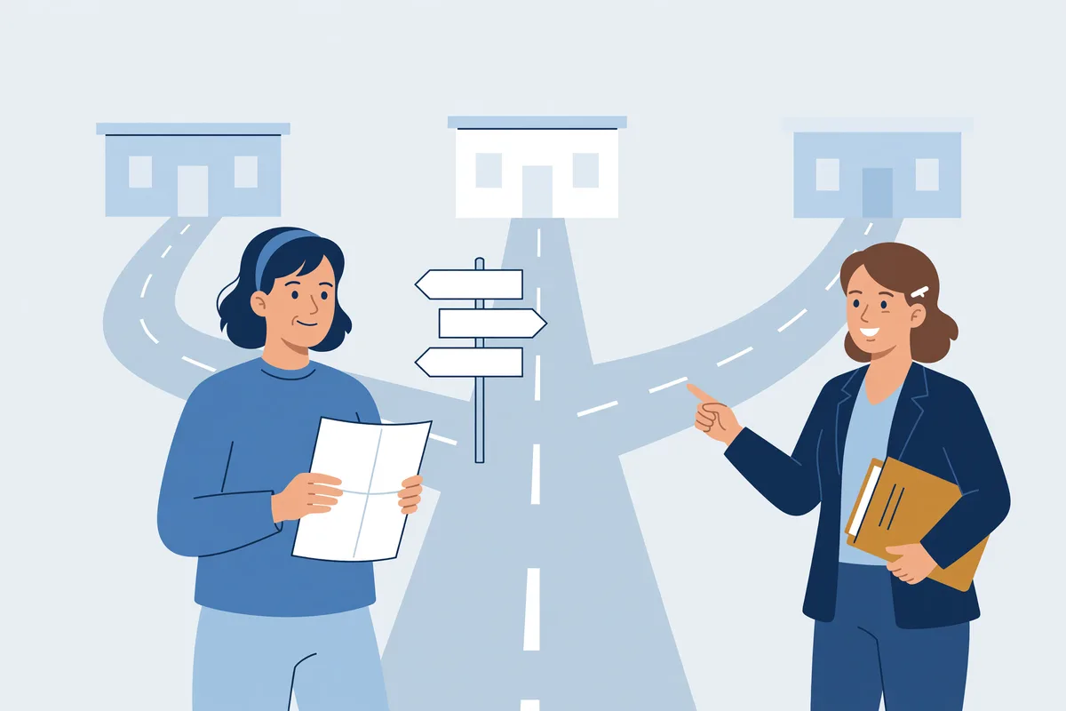 Illustratie: een vrouw met een brief van haar verzekeraar staat bij een wegwijzer met drie routes; een advocaat wijst haar de weg.