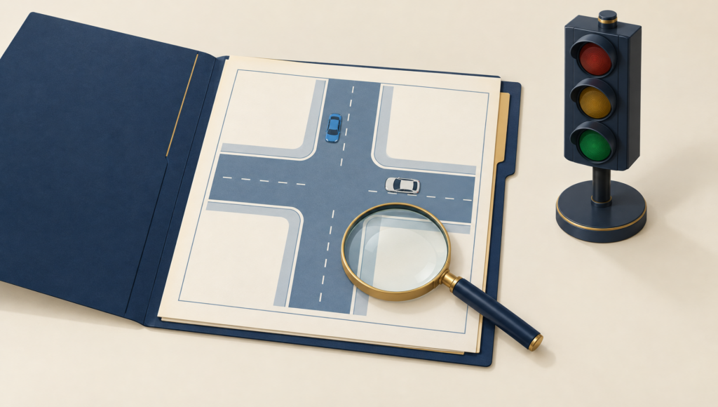 Symbolische illustratie van een kruisingstekening, verkeerslicht en ongevalsdossier; geen reconstructie van het ongeval.