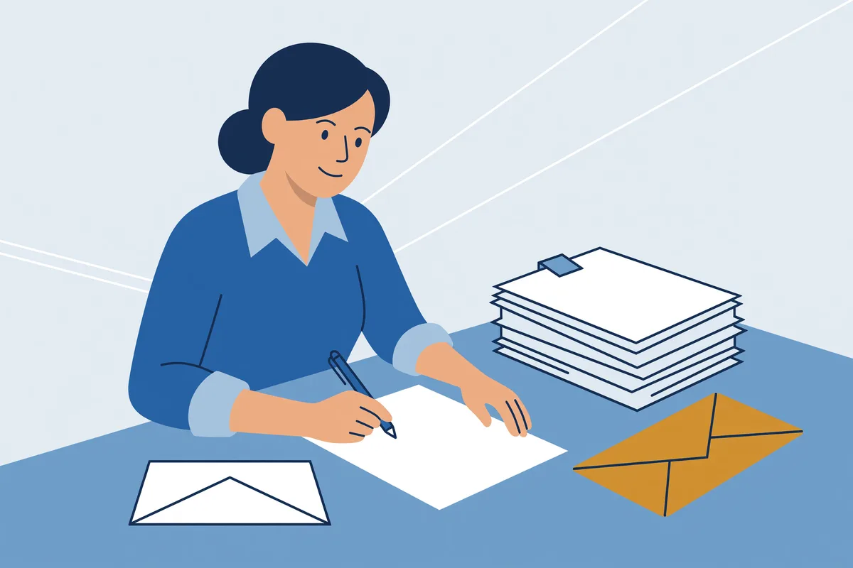 Vrouw schrijft een brief om een vordering te betwisten.