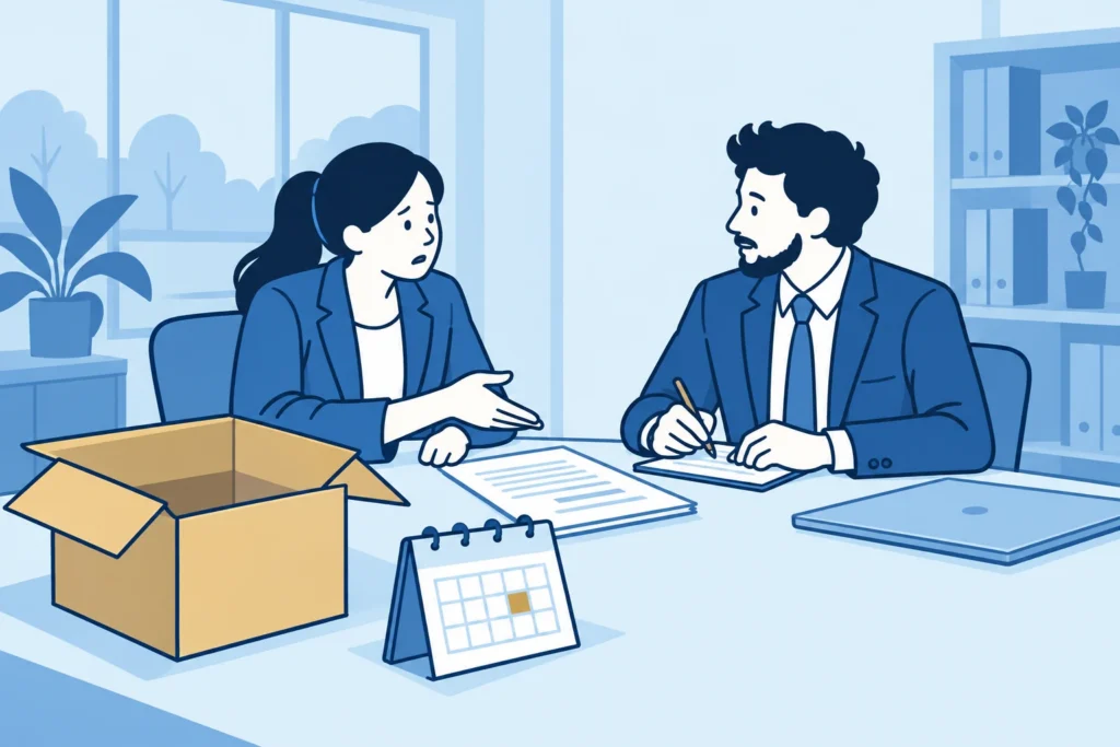 Een ondernemer bespreekt een niet nagekomen levering en het zakelijke contract met een advocaat.