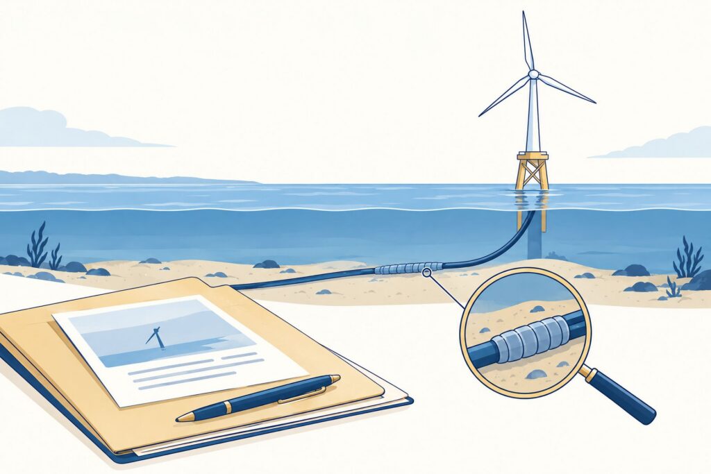 Illustratie van een windturbine op zee met een kabel, beschermhuls en verzekeringsdossier.