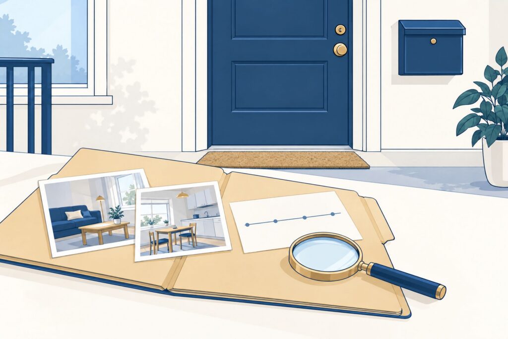 Illustratie van een woningdeur en brievenbus naast een dossier met foto's, tijdlijn en vergrootglas.