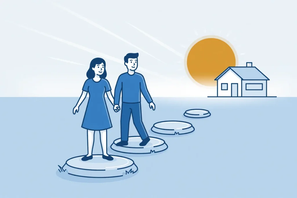 Stel loopt over stapstenen naar een huis, als beeld voor de schuldsanering.